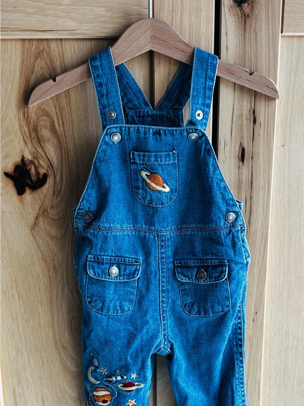 Vintage 90s Blue Denim Kids Overalls with Planet Embroidery Small Wonders